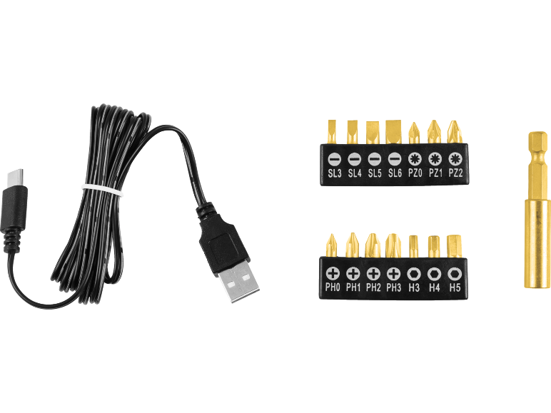 Set di punte per cacciavite con cavo di ricarica USB.