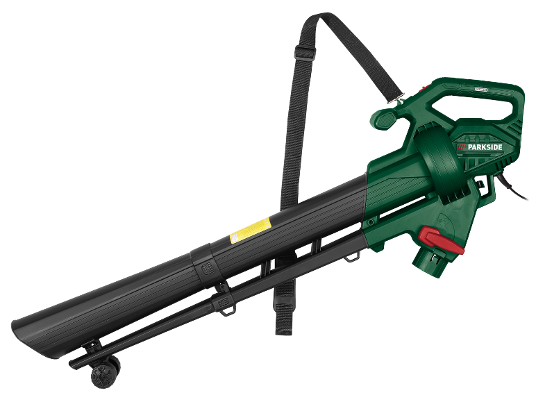 Aspiratore/soffiatore per foglie elettrico verde con tubo nero e tracolla.