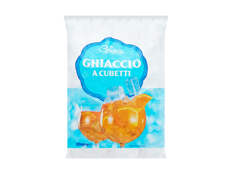 Sacchetto di ghiaccio a cubetti con illustrazione di cocktail aperitivo con arancia e ghiaccio.