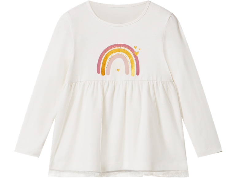 Vestito bianco a maniche lunghe con stampa arcobaleno e cuori dorati.