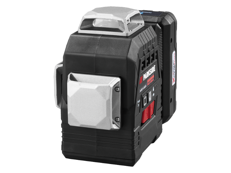 Livella laser 360° nera con pulsanti rossi e dettagli argentati.