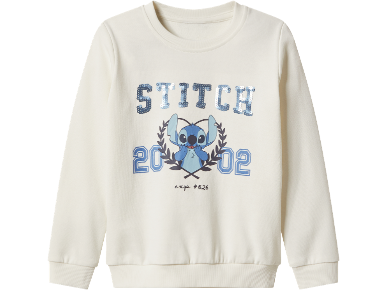 Felpa color crema con stampa di Stitch, scritta in paillettes 'STITCH' e numeri '2002'.