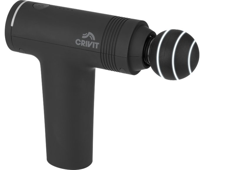 Pistola massaggiante nera con testa rotonda luminosa.