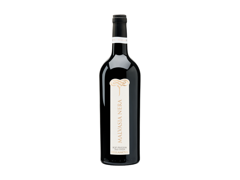 Bottiglia di vino rosso italiano Malvasia Nera su sfondo nero.