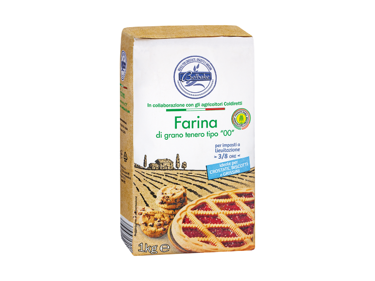 Confezione di farina di grano tenero tipo '00' per impasti a lunga lievitazione, ideale per dolci.