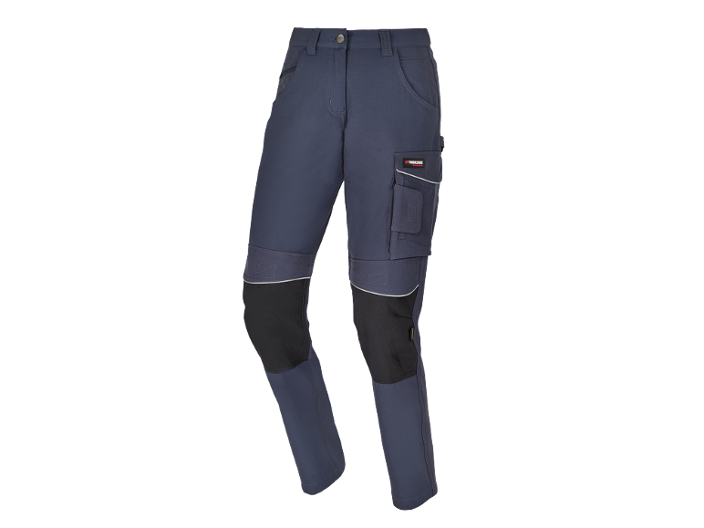 Pantaloni da lavoro blu scuro con ginocchiere nere e tasche laterali