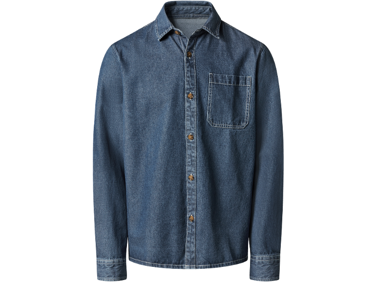 Camicia di jeans blu a maniche lunghe con bottoni e taschino sul petto.