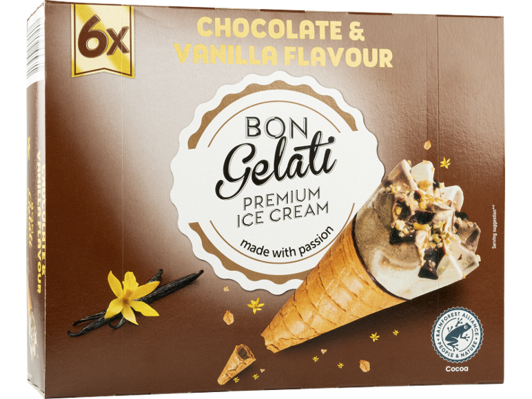 Confezione da 6 gelati al cioccolato e vaniglia con logo Rainforest Alliance.