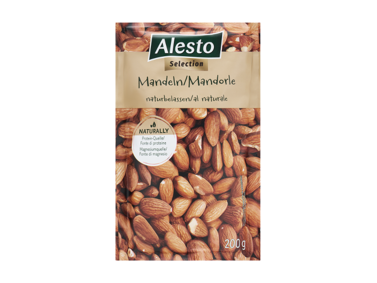Confezione da 200g di mandorle naturali, fonte di proteine e magnesio.