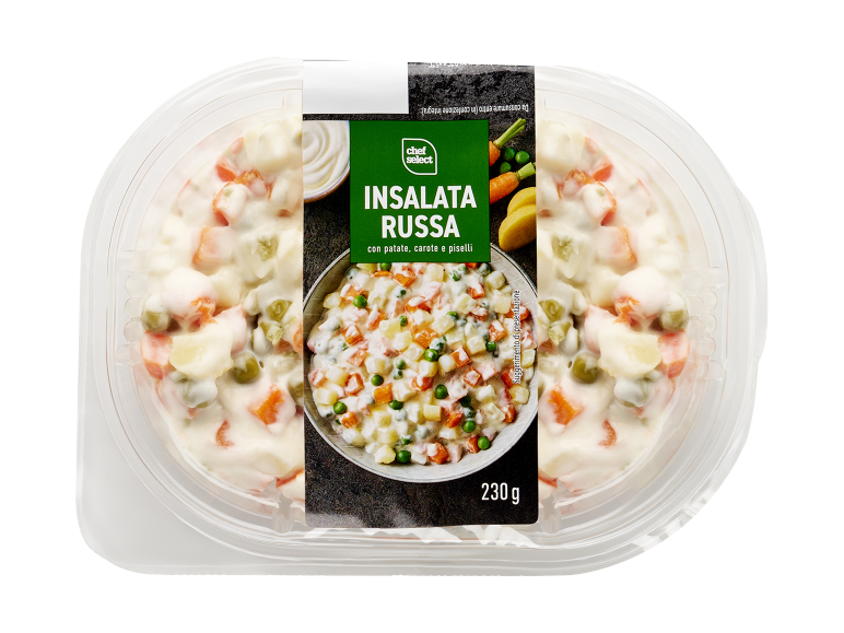 Insalata russa con patate, carote e piselli in confezione da 230 g.