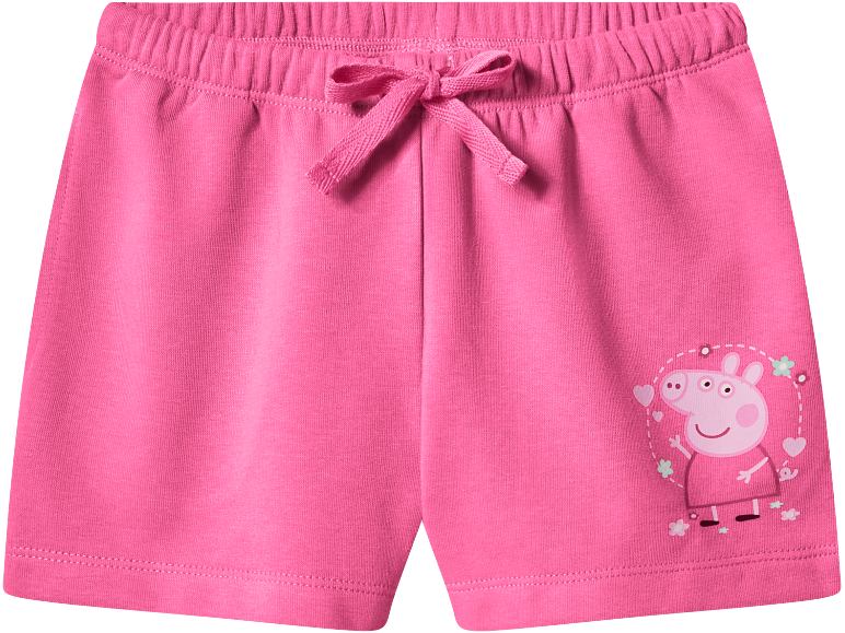 Pantaloncini rosa da bambina con elastico in vita e stampa di un maialino dei cartoni animati.