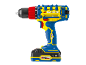 Trapano avvitatore a batteria giallo e blu con mandrino nero e anello di regolazione rosso.