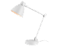 Lampada da scrivania bianca con braccio regolabile e base rotonda.