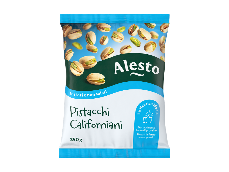 Confezione di pistacchi californiani tostati e non salati, 250g, fonte di proteine.