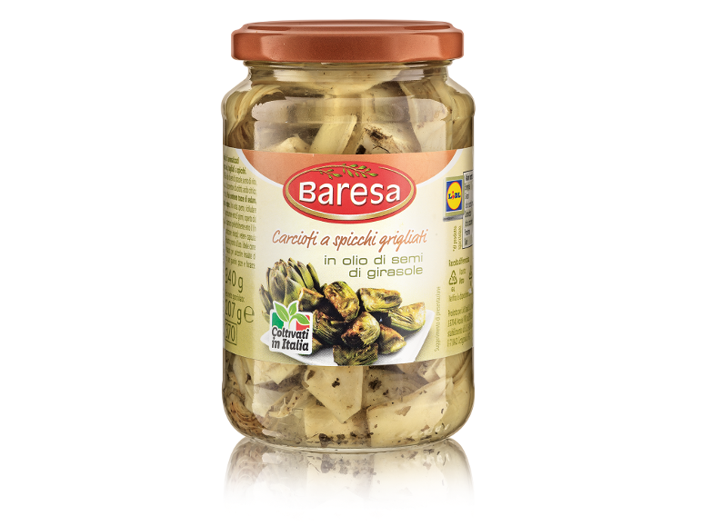 Carciofi a spicchi grigliati in olio di semi di girasole in vasetto.