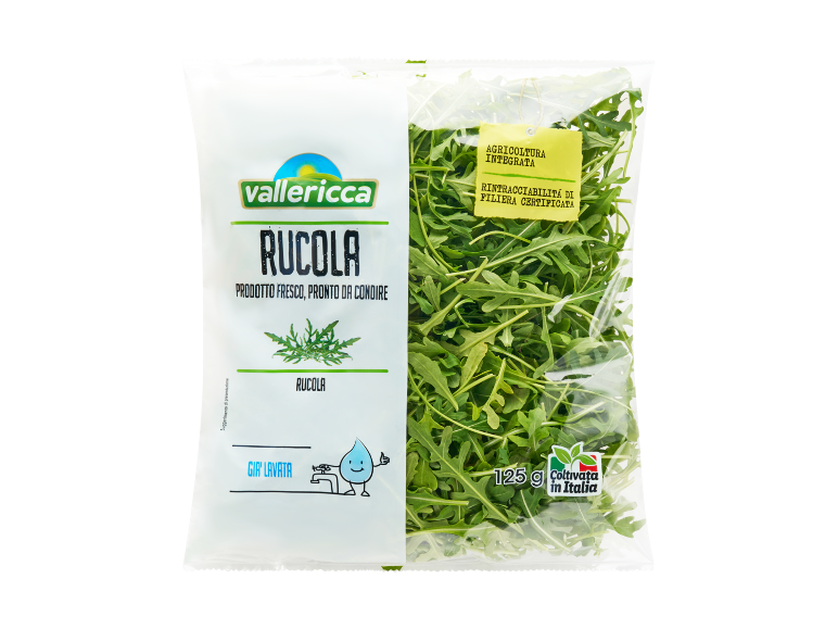 Busta di rucola fresca, 125g, pronta da condire, coltivata in Italia.