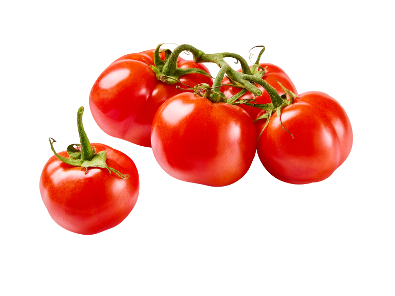 Pomodori rossi freschi sul ramo e un singolo pomodoro a lato.