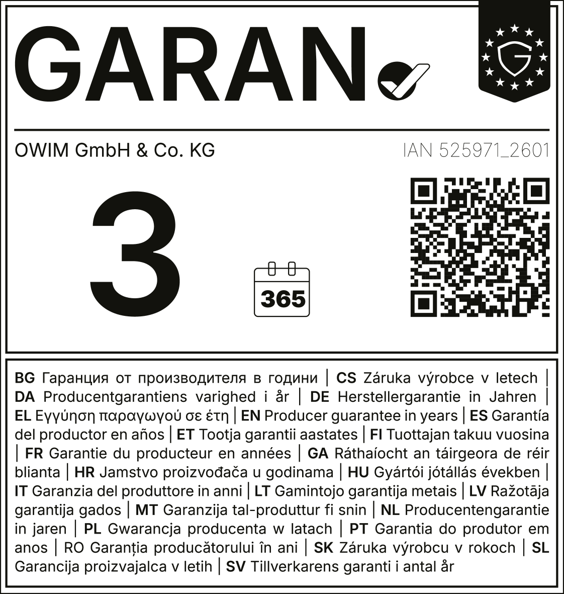 Garanzia del produttore 3 anni, 365 giorni. IAN 525971_2601.