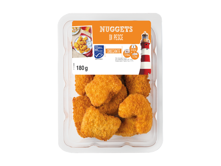Confezione di nuggets di pesce impanati, 180g, con istruzioni di cottura e certificazione MSC.