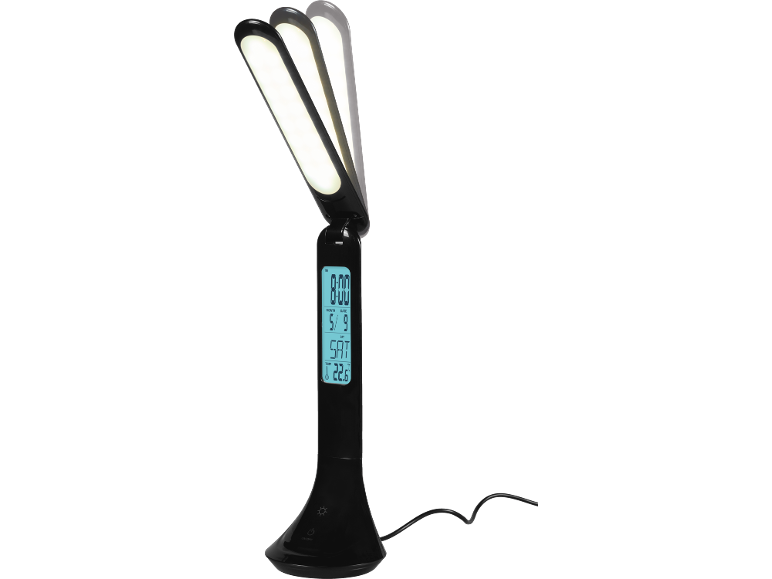 Lampada da scrivania LED nera con display digitale che mostra ora, data e temperatura.