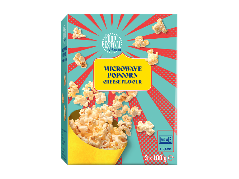 Popcorn da microonde al gusto formaggio, confezione 3x100g, 800W, tempo di cottura 3-3,5 min.