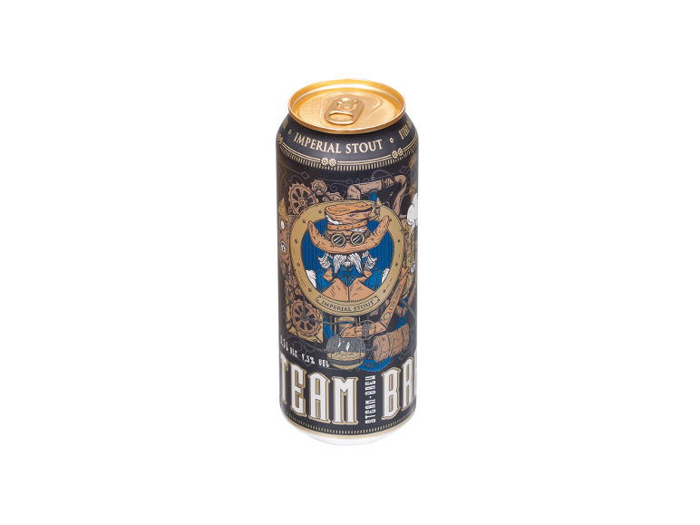 Lattina di birra Imperial Stout con design steampunk e testo