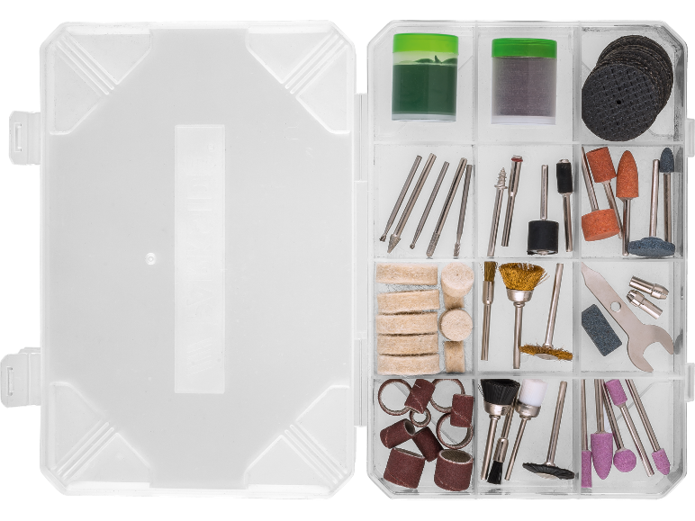 Kit accessori per utensile rotante in scatola, include pietre abrasive, ruote lucidanti e punte da trapano.