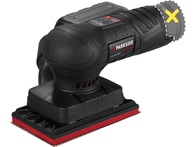 Levigatrice a batteria nera con platorello rosso e la scritta 'BRUSHLESS'.