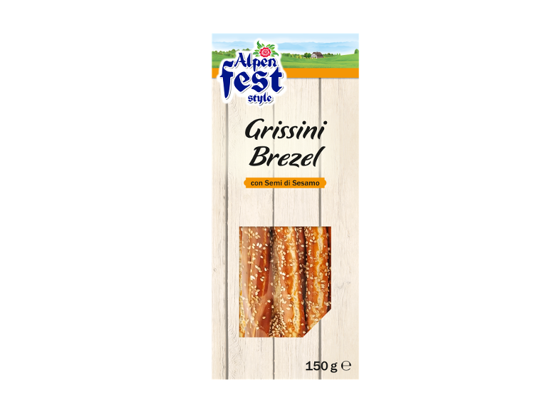 Confezione di grissini con sesamo, etichettata 'Grissini Brezel' e 'con Semi di Sesamo'.