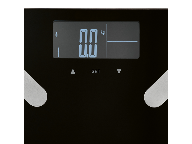 Bilancia digitale nera con display 0.0 kg e pulsanti di impostazione.