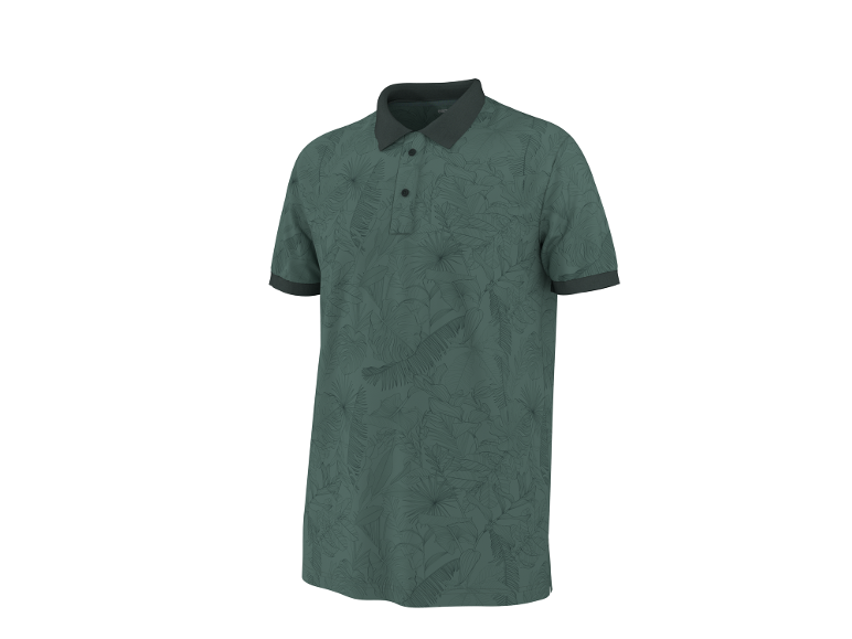 Polo verde da uomo con sottile motivo a foglie e colletto e polsini scuri.