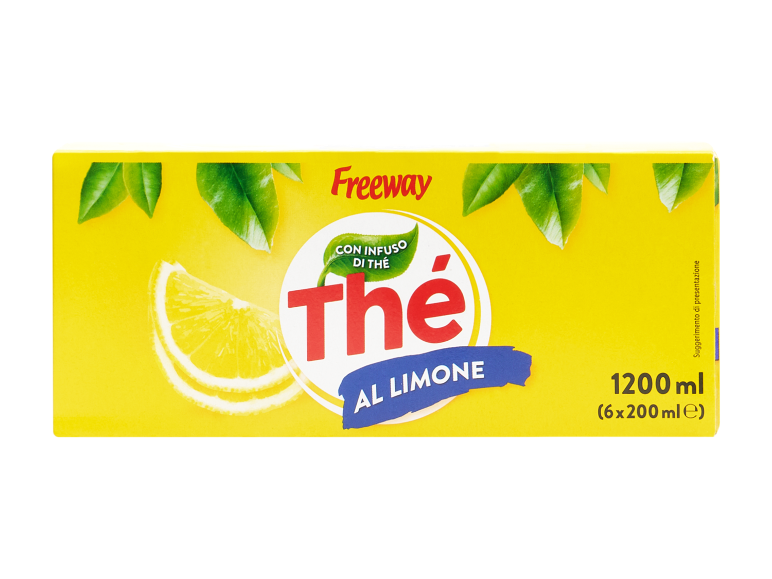 Cartone di tè freddo al limone con foglie verdi e una fetta di limone, 1200 ml (6x200 ml).