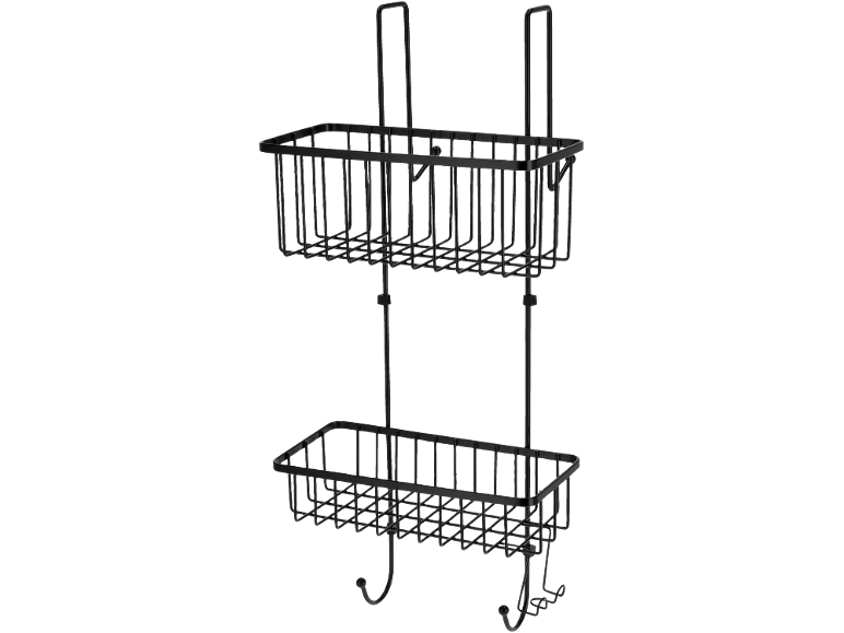 Mensola doccia in metallo nero a due livelli con ganci.