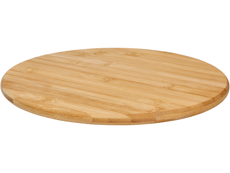 Tagliere rotondo in bambù con venature del legno visibili.