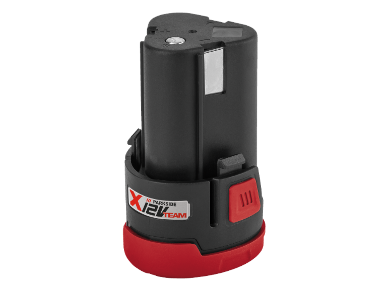 Batteria nera da 12V con base rossa e logo «X 12V TEAM».