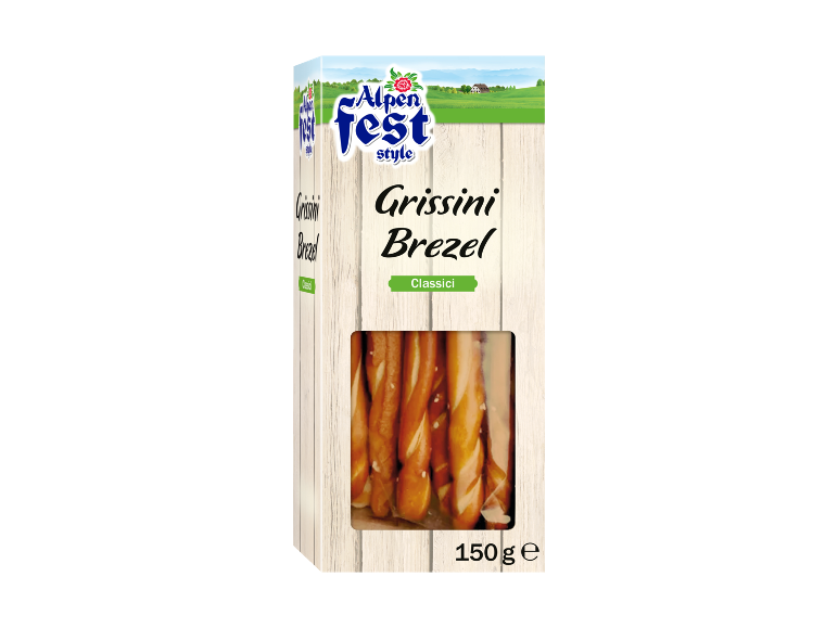 Scatola di grissini a forma di pretzel, con la scritta 'Grissini Brezel Classici' e 150g.
