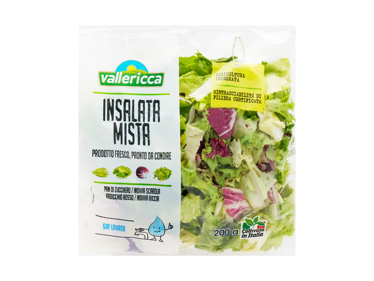 Busta di insalata mista fresca, pronta da condire, con lattuga, indivia e radicchio.