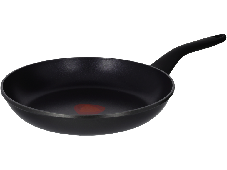 Padella antiaderente nera con manico, con indicatore di calore rosso al centro.