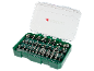 Set di frese per rifilatore in custodia verde con varie punte e specifiche come 90°, 60°, 14°.