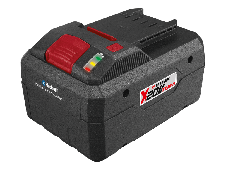 Batteria nera per utensili elettrici con pulsanti rossi e indicatore di carica.