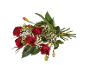 Mazzo di rose rosse e fiori bianchi di gypsophila su sfondo nero.