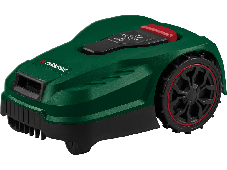 Robot tagliaerba verde con ruote nere e accenti rossi.