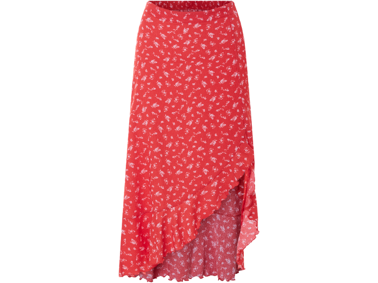 Gonna rossa con stampa floreale bianca e balze.