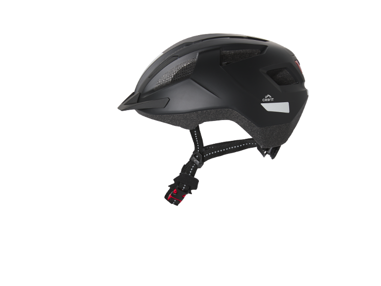 Casco da bicicletta nero con visiera ed elementi riflettenti.