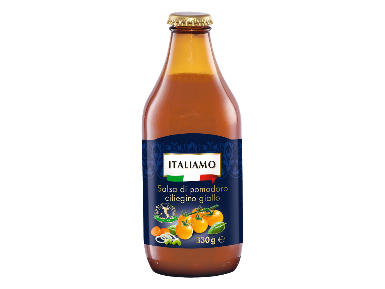 Bottiglia di salsa di pomodoro ciliegino giallo con etichetta blu e dettagli dorati.