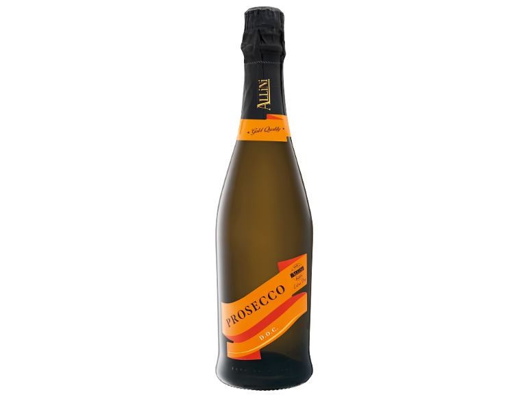Bottiglia di Prosecco con etichetta arancione e nera, con la scritta 'Gold Quality'