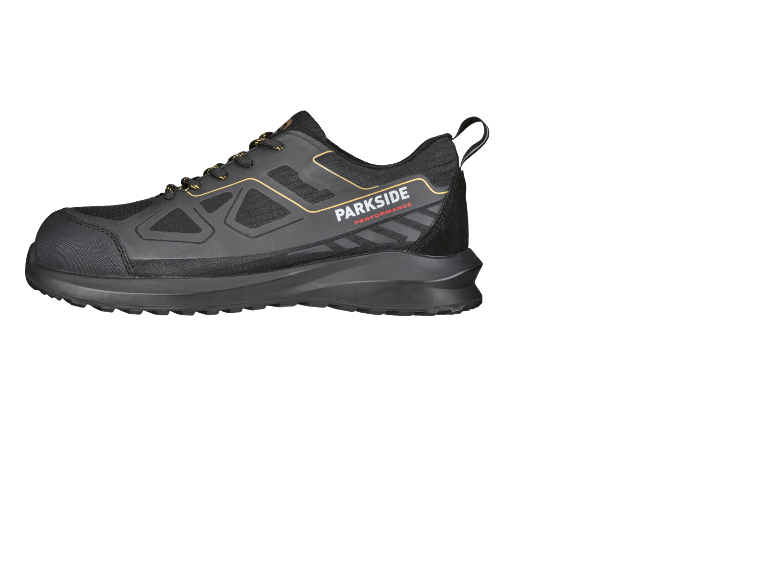 Scarpa da lavoro nera con dettagli gialli e suola robusta.