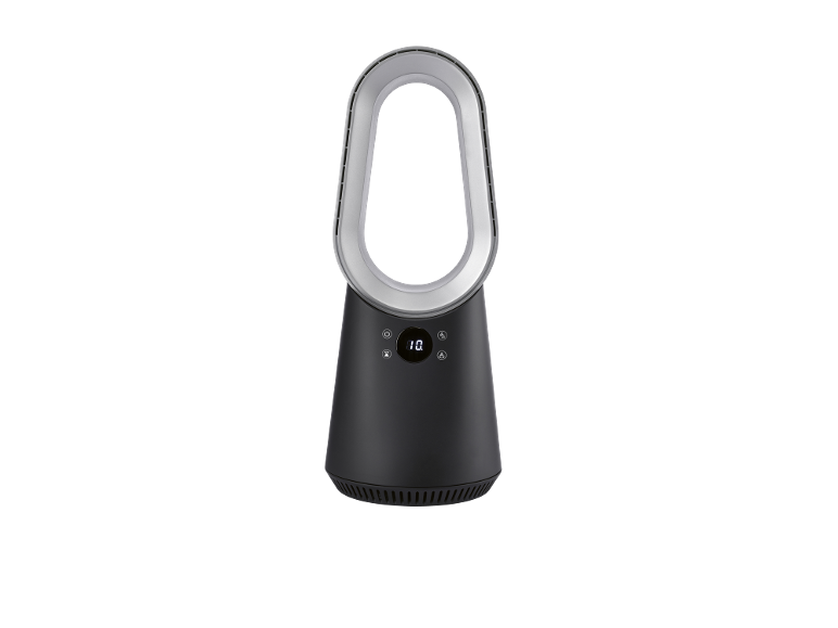 Ventilatore senza pale nero e argento con display digitale e pulsanti di controllo.