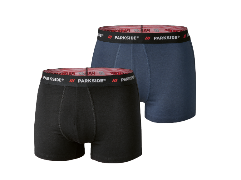 Due boxer da uomo in cotone, uno nero e uno blu, con elastico in vita logato.