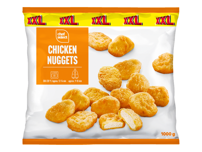 Busta di pepite di pollo surgelate XXL con istruzioni di cottura e peso di 1000 g.